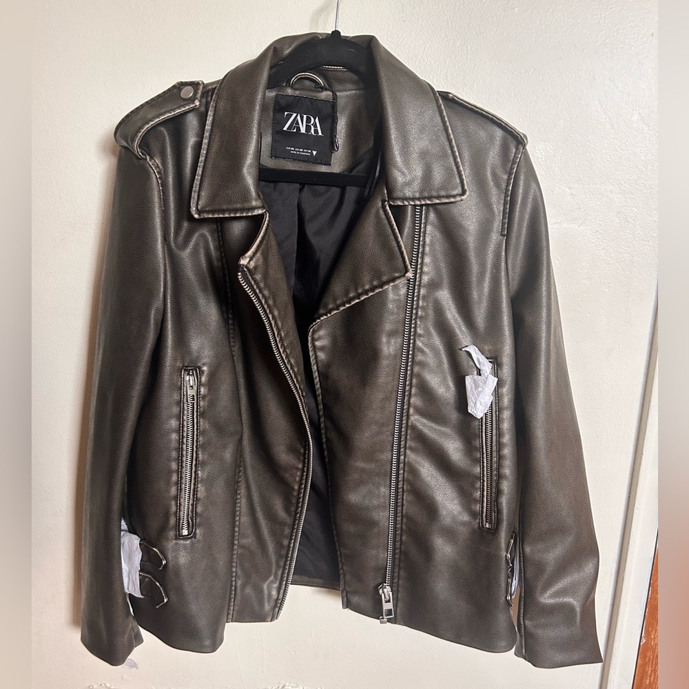 NEW ZARA Distressed brown faux leather motorcycle jacket XS